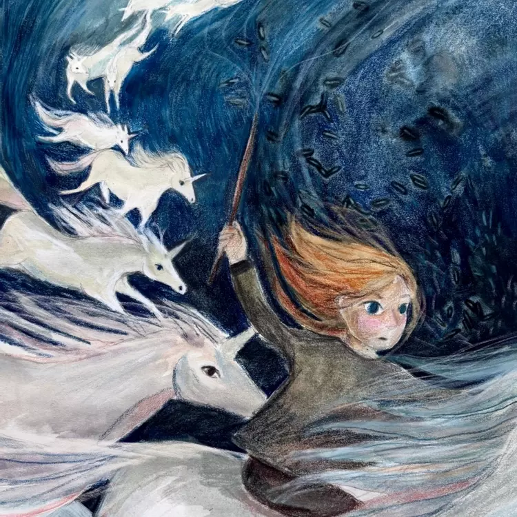an illustration of a girl riding a unicorn, followed by a herd of galloping unicorns . 